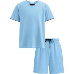Arshiner Boys Loose Athletic Shorts Set Performance Crew Neck T-Shirt and Mesh Short 2 Piece Outfit for Active Kids(Light Blue)