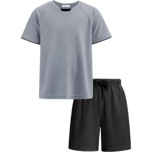 Arshiner Boys Loose Athletic Shorts Set Performance Crew Neck T-Shirt and Mesh Short 2 Piece Outfit for Active Kids(Light Grey/Black)