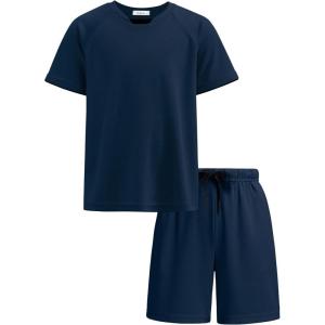 Arshiner Boys Loose Athletic Shorts Set Performance Crew Neck T-Shirt and Mesh Short 2 Piece Outfit for Active Kids(Navy Blue)