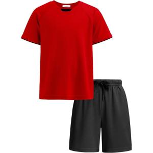 Arshiner Boys Loose Athletic Shorts Set Performance Crew Neck T-Shirt and Mesh Short 2 Piece Outfit for Active Kids(Red/Black)