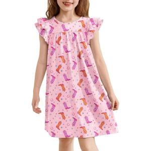 Arshiner Girls Nightgowns Cute Ruffle Short Sleeves Princess Pajamas Nightdress Sleepwear(Pink Cartoon Boots)