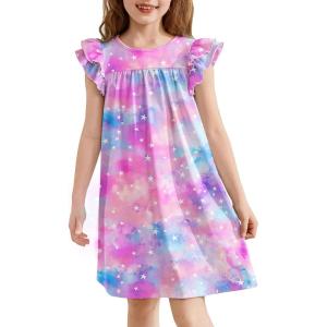 Arshiner Girls Nightgowns Cute Ruffle Short Sleeves Princess Pajamas Nightdress Sleepwear(Tie-dye Stars)