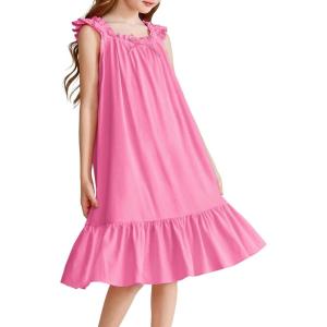 Arshiner Girls Nightgowns Pajama Dress Cute Ruffle Sleepwear Soft Night Gowns(Rose Red)
