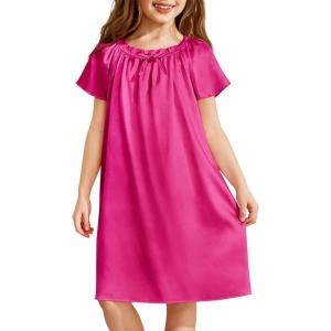 Arshiner Girls Nightgowns Silk Satin Pajama Dress Short Sleeve Soft Princess Sleepwear Rose Red 8-9 Years