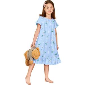 Arshiner Girls Nightgowns Sleepwear Short Sleeve Victorian Pajama Dress Soft Princess Sleepshirt for 3-12 Years Kids(Blue Little Flowers)