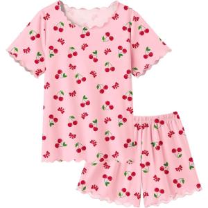 Arshiner Girls Pajama Set Short Sleeve Lounge Set Soft Shirring Summer Sleepwear Pj Sets(Pink Cherry)