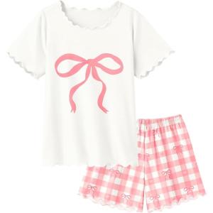 Arshiner Girls Pajama Set Short Sleeve Lounge Set Soft Shirring Summer Sleepwear Pj Sets(Pink Plaid Bow)