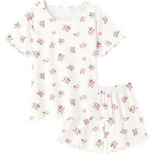 Arshiner Girls Pajama Set Short Sleeve Lounge Set Soft Shirring Summer Sleepwear Pj Sets(White Flowers)