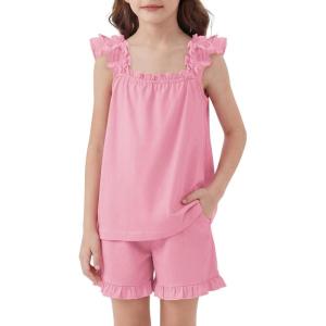 Arshiner Girls Pajamas Ruffle Tank Top and Shorts Sets Soft Cute 2 Piece Sleepwear for Kids(Pink)