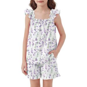 Arshiner Girls Pajamas Ruffle Tank Top and Shorts Sets Soft Cute 2 Piece Sleepwear for Kids(Purple Flowers)