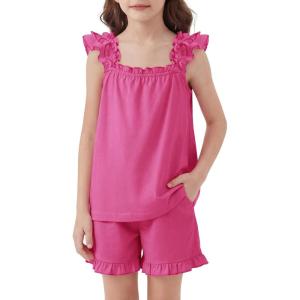 Arshiner Girls Pajamas Ruffle Tank Top and Shorts Sets Soft Cute 2 Piece Sleepwear for Kids(Rose Red)