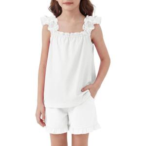 Arshiner Girls Pajamas Ruffle Tank Top and Shorts Sets Soft Cute 2 Piece Sleepwear for Kids(White)