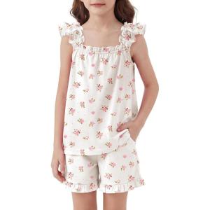 Arshiner Girls Pajamas Ruffle Tank Top and Shorts Sets Soft Cute 2 Piece Sleepwear for Kids(White Flowers)