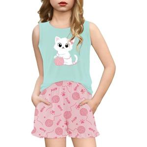 Arshiner Girls Pajamas Summer Ruffle Sleepwear Cute Tank Top and Shorts Set Pjs Outfit(Cat Yarn Ball)