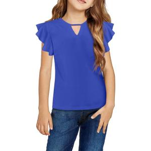 Arshiner Girls Short Sleeve Tee Ruffle Cap Sleeve Hollow Out Crewneck Blouse Shirt Top Blue