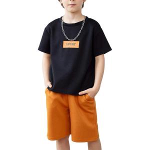 Arshiner Kids Boy Drop Shoulder Tee & Drawstring Waist Shorts With Chain Necklace(Black Print & Brown)