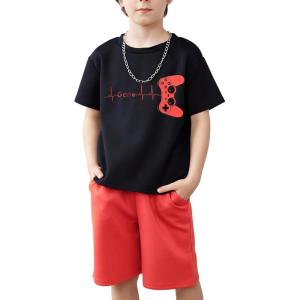 Arshiner Kids Boy Drop Shoulder Tee & Drawstring Waist Shorts With Chain Necklace(Black Print & Red)