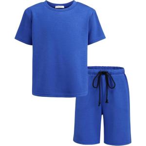 Arshiner Kids Boy Drop Shoulder Tee & Drawstring Waist Shorts With Chain Necklace(Blue)