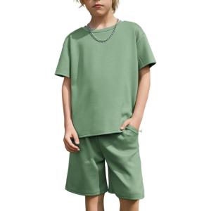 Arshiner Kids Boy Drop Shoulder Tee & Drawstring Waist Shorts With Chain Necklace(Green)