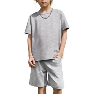 Arshiner Kids Boy Drop Shoulder Tee & Drawstring Waist Shorts With Chain Necklace(Grey)