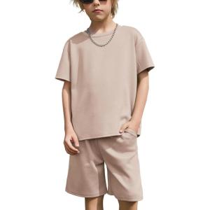 Arshiner Kids Boy Drop Shoulder Tee & Drawstring Waist Shorts With Chain Necklace(Khaki)