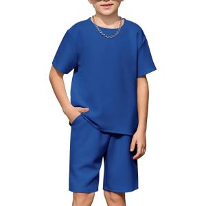 Arshiner Kids Boy Drop Shoulder Tee & Drawstring Waist Shorts With Chain Necklace(Royal Blue)