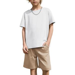 Arshiner Kids Boy Drop Shoulder Tee & Drawstring Waist Shorts With Chain Necklace(White & Khaki)
