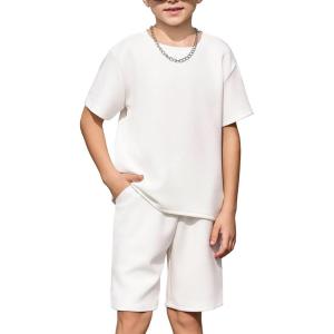 Arshiner Kids Boy Drop Shoulder Tee & Drawstring Waist Shorts With Chain Necklace(White)
