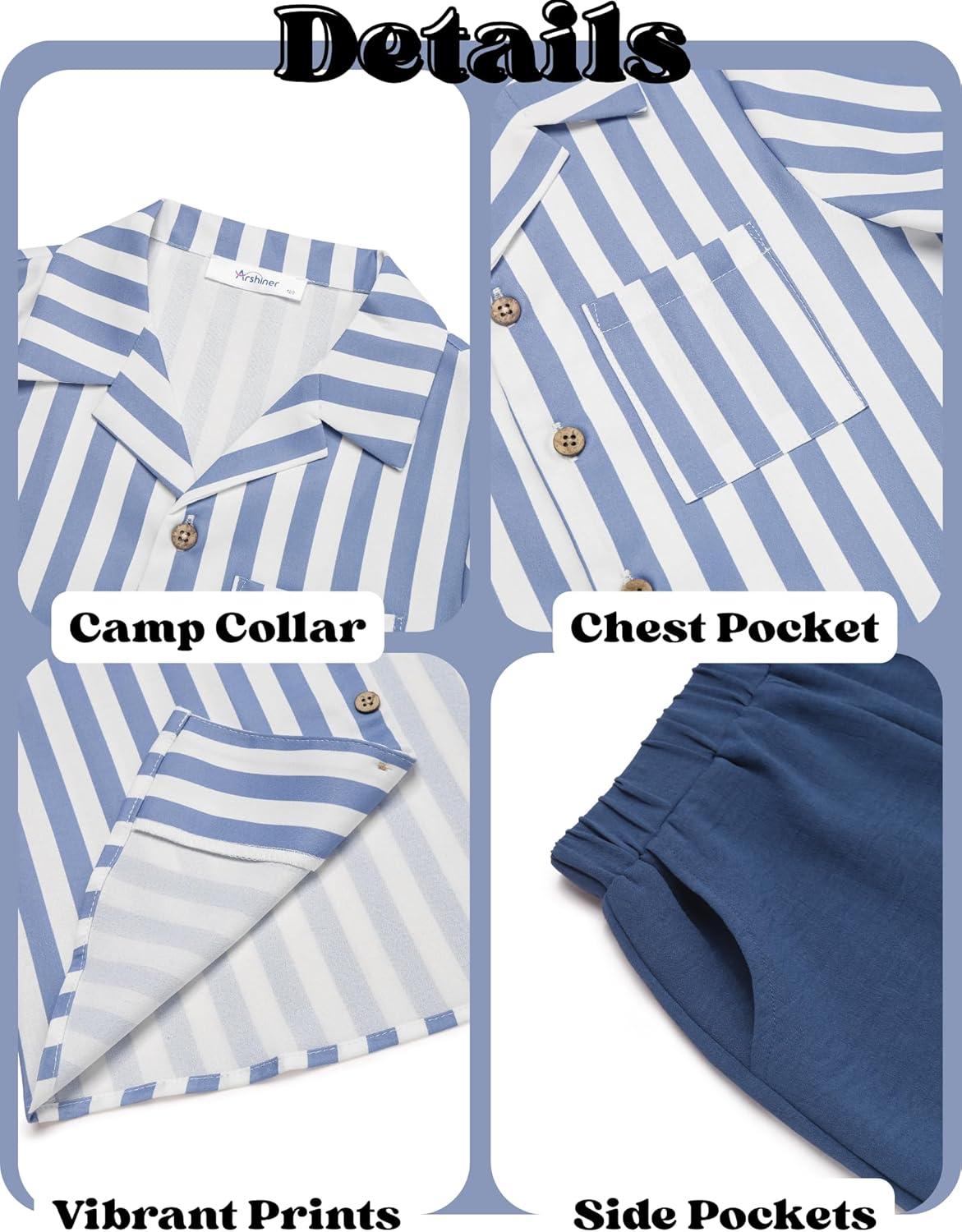 image:imageArshiner Boys 2 Piece Hawaiian Outfits Button Down Shirt and Shorts Set Summer Vacation Clothes for 512 YearsBlue White StripeNavy