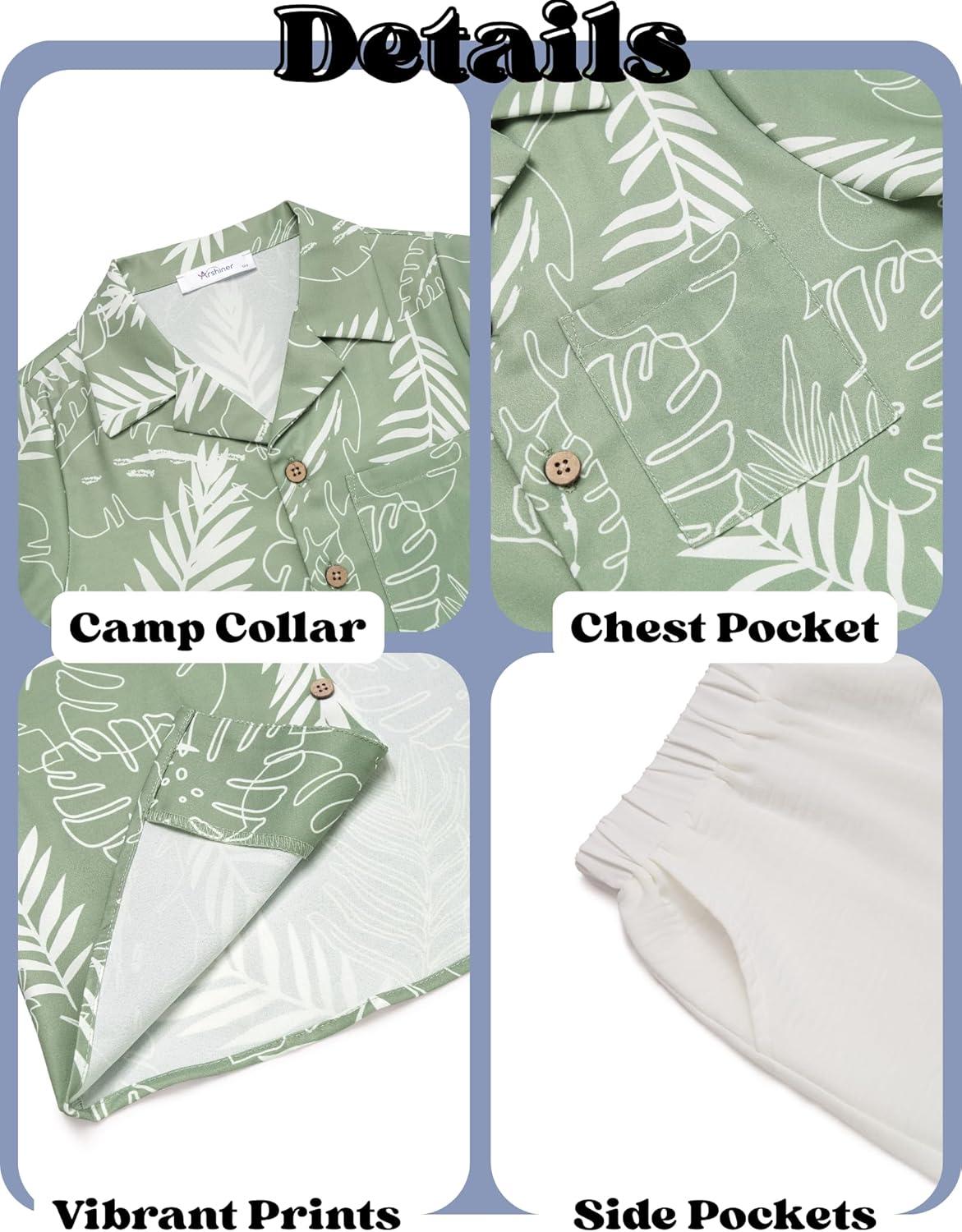image:imageArshiner Boys 2 Piece Hawaiian Outfits Button Down Shirt and Shorts Set Summer Vacation Clothes for 512 YearsGreenWhite Leaf
