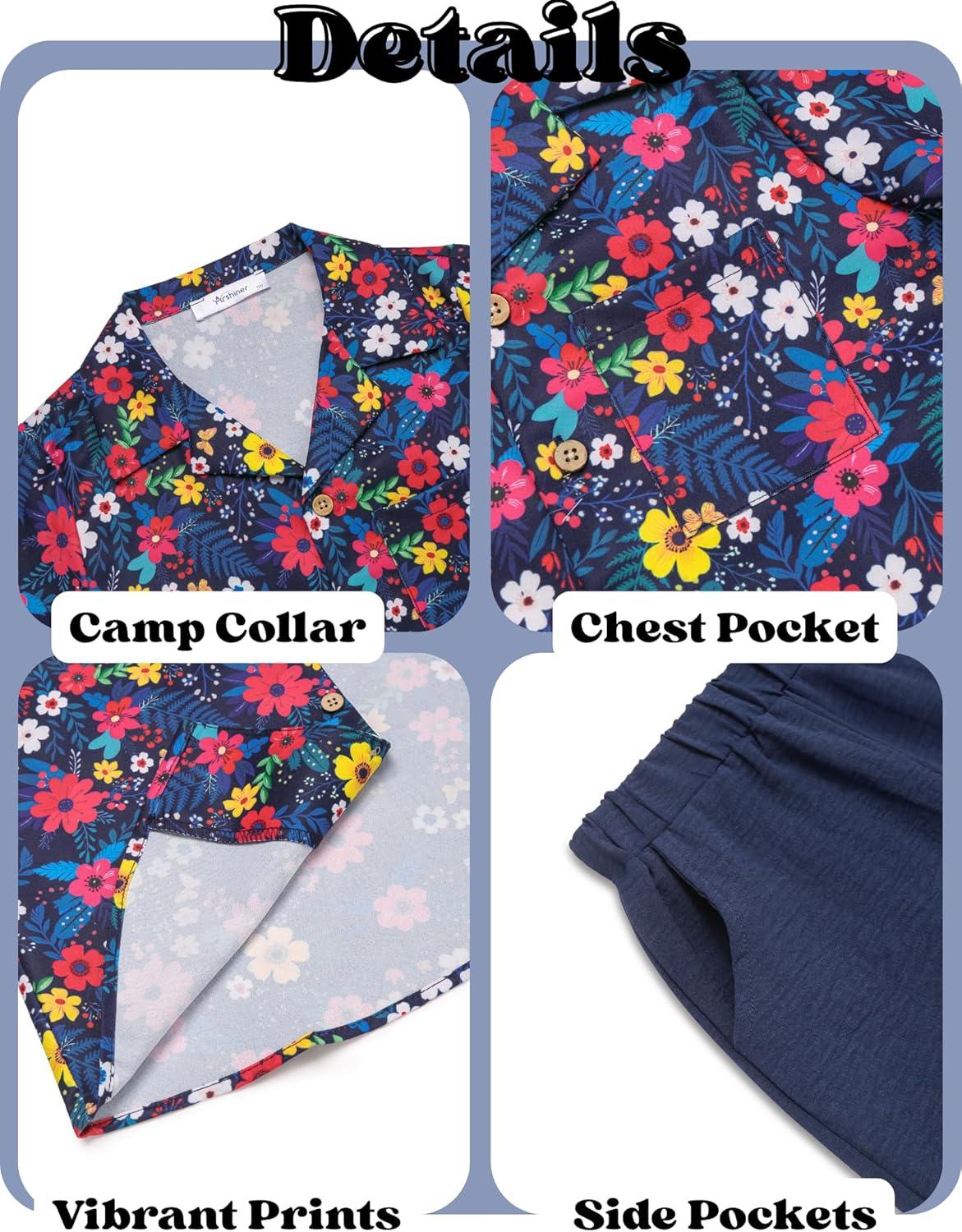 image:imageArshiner Boys 2 Piece Hawaiian Outfits Button Down Shirt and Shorts Set Summer Vacation Clothes for 512 YearsNavyFlower
