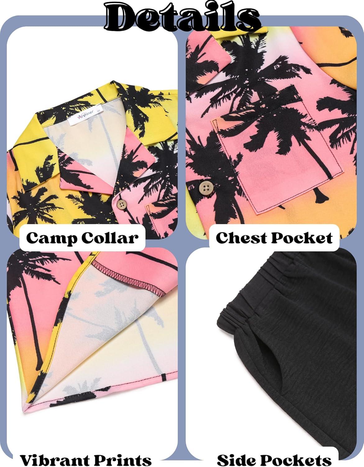 image:imageArshiner Boys 2 Piece Hawaiian Outfits Button Down Shirt and Shorts Set Summer Vacation Clothes for 512 YearsPinkBlack Coconut Tree