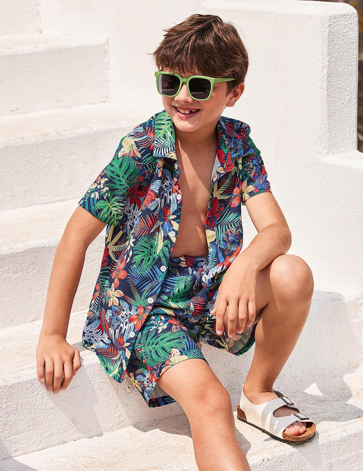 image:imageArshiner Boys 2 Piece Outfits Hawaiian Shorts Sets Button Down Shirt and Shorts Summer Beach Clothes for 212 YearsGreen Tropical Print