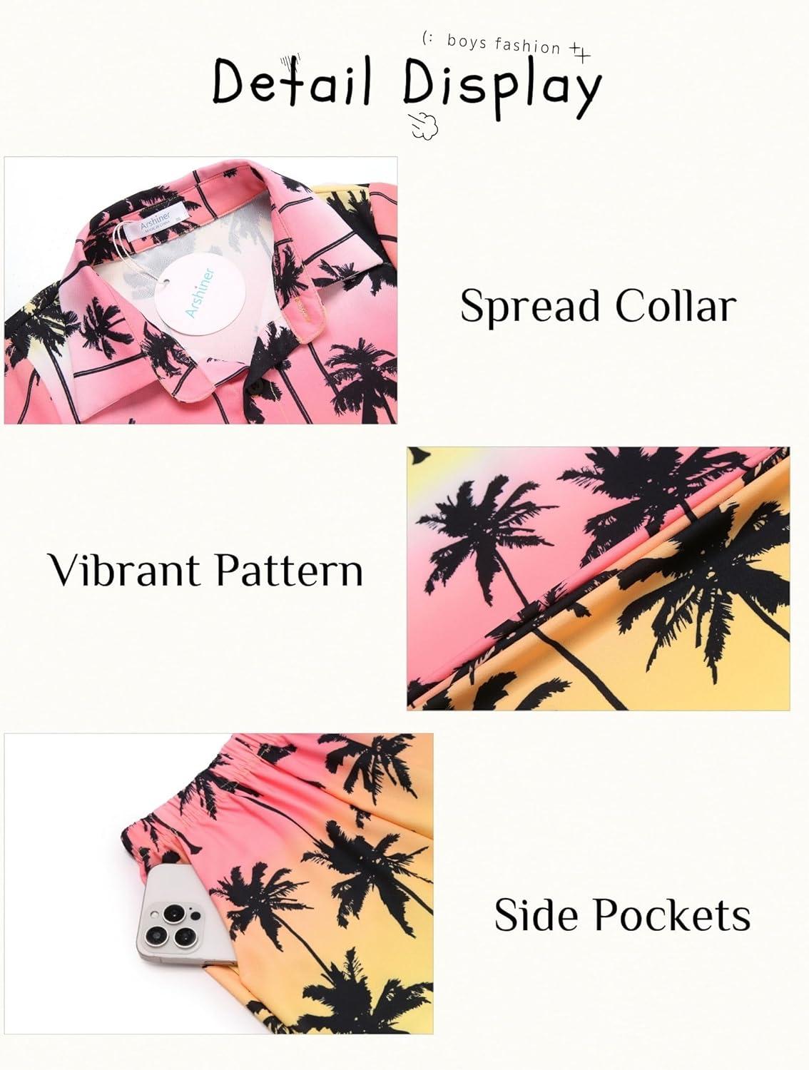 image:imageArshiner Boys 2 Piece Outfits Hawaiian Shorts Sets Button Down Shirt and Shorts Summer Beach Clothes for 212 YearsPink Yellow Palm Tree