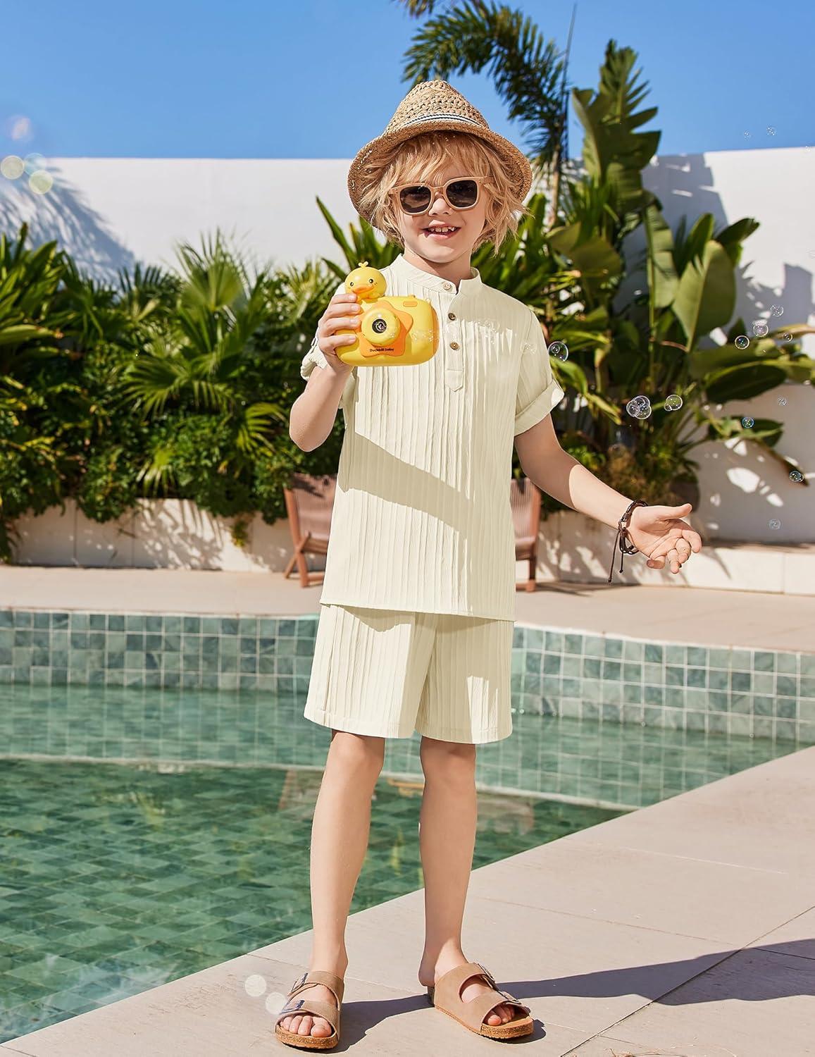image:imageArshiner Boys 2 Piece Summer Beach Outfits Textured Henley Shirts and Shorts Set Casual Vacation Clothes for 412 Years KidsBeige