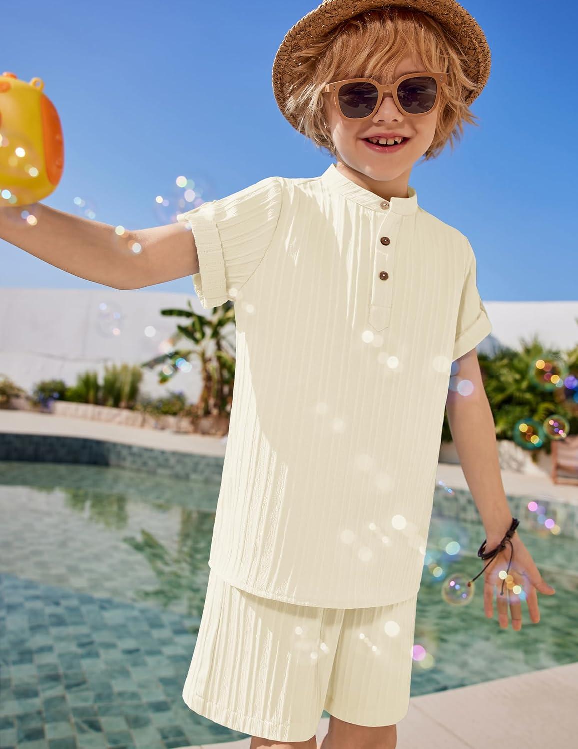 image:imageArshiner Boys 2 Piece Summer Beach Outfits Textured Henley Shirts and Shorts Set Casual Vacation Clothes for 412 Years KidsBeige