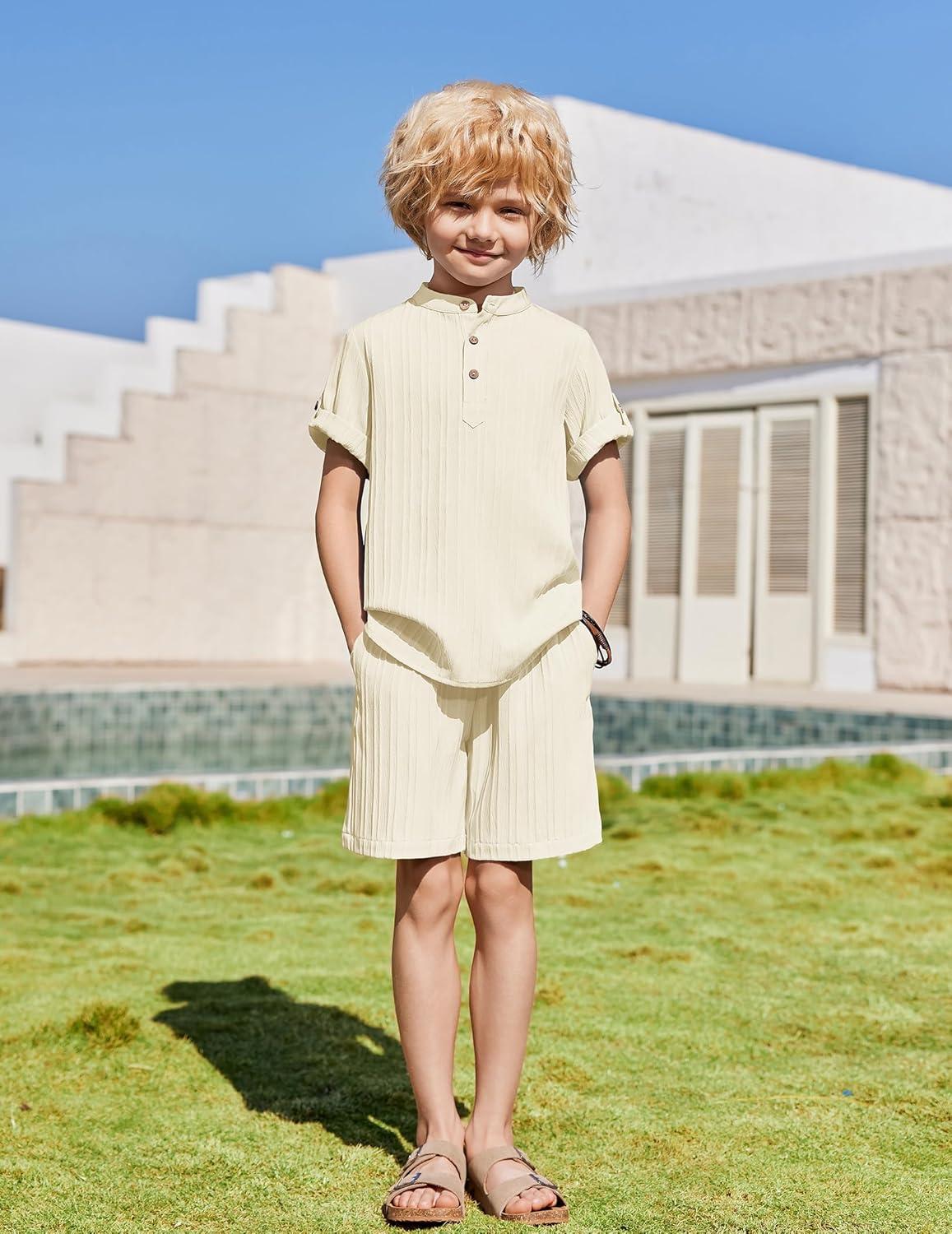 image:imageArshiner Boys 2 Piece Summer Beach Outfits Textured Henley Shirts and Shorts Set Casual Vacation Clothes for 412 Years KidsBeige
