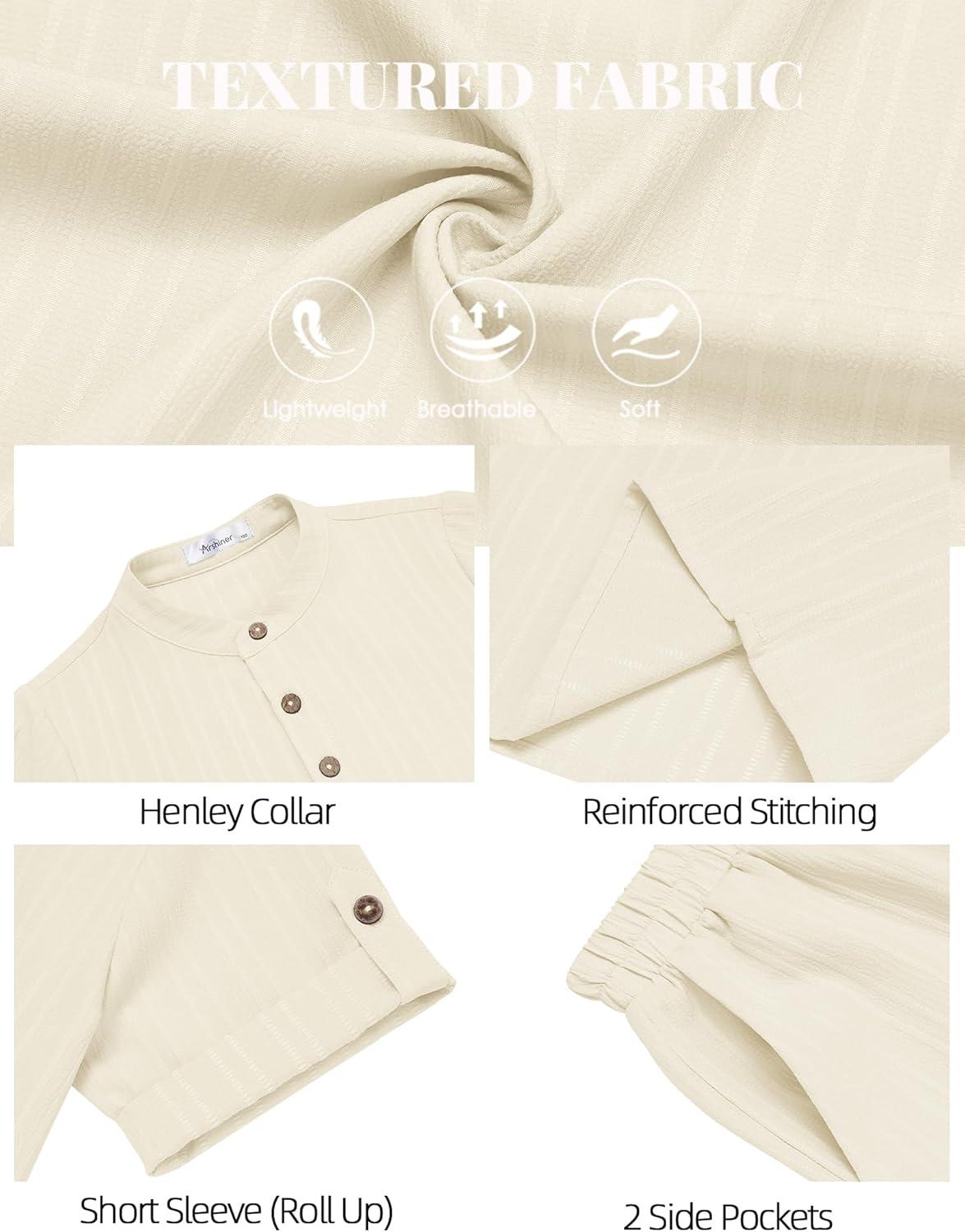 image:imageArshiner Boys 2 Piece Summer Beach Outfits Textured Henley Shirts and Shorts Set Casual Vacation Clothes for 412 Years KidsBeige