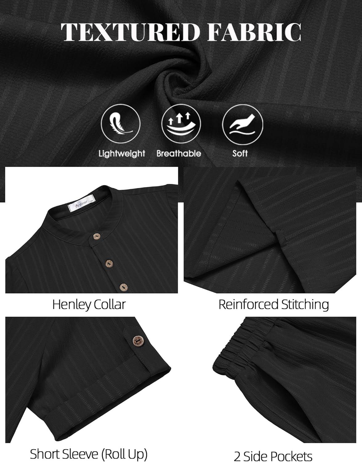 image:imageArshiner Boys 2 Piece Summer Beach Outfits Textured Henley Shirts and Shorts Set Casual Vacation Clothes for 412 Years KidsBlack