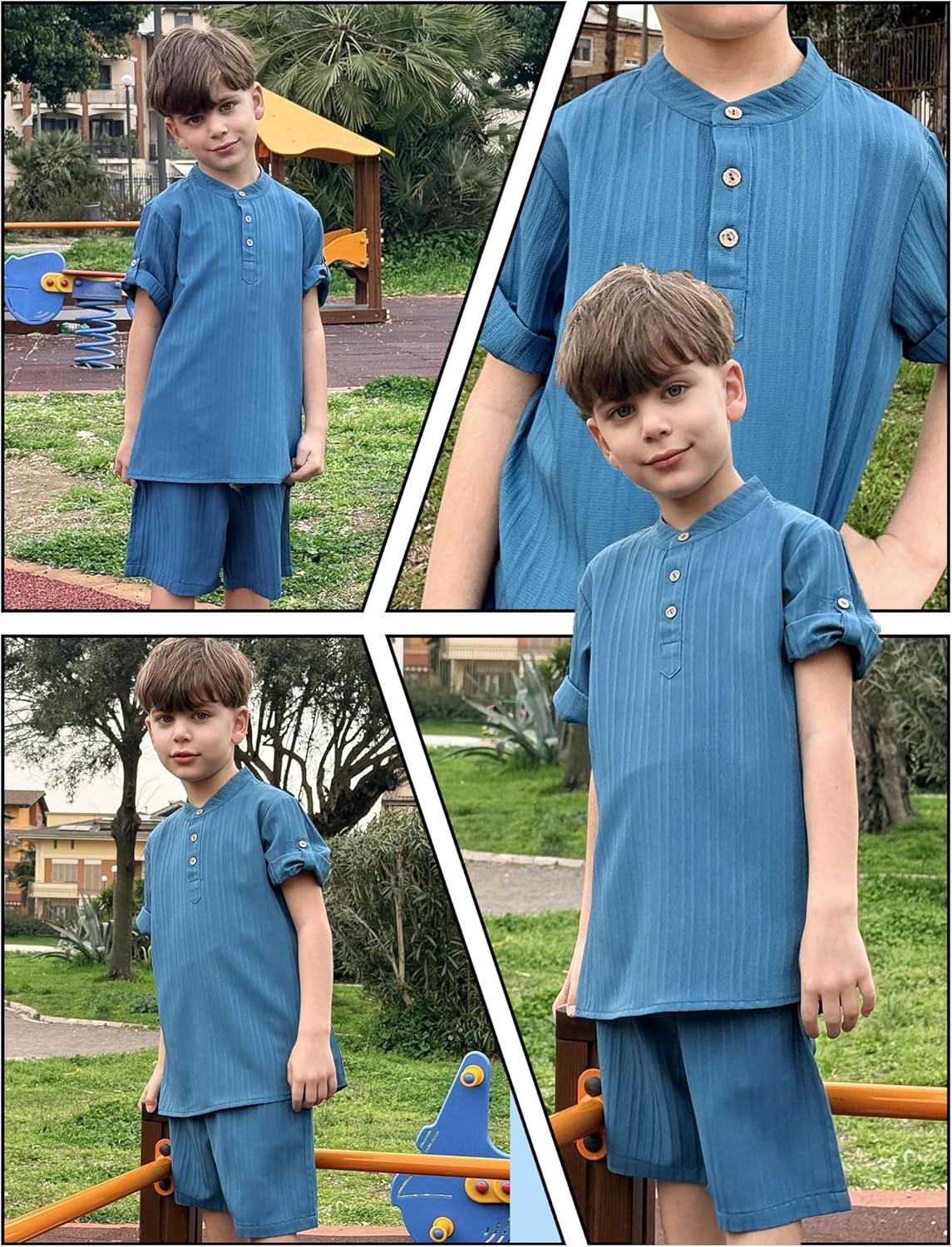 image:imageArshiner Boys 2 Piece Summer Beach Outfits Textured Henley Shirts and Shorts Set Casual Vacation Clothes for 412 Years KidsBlue Green
