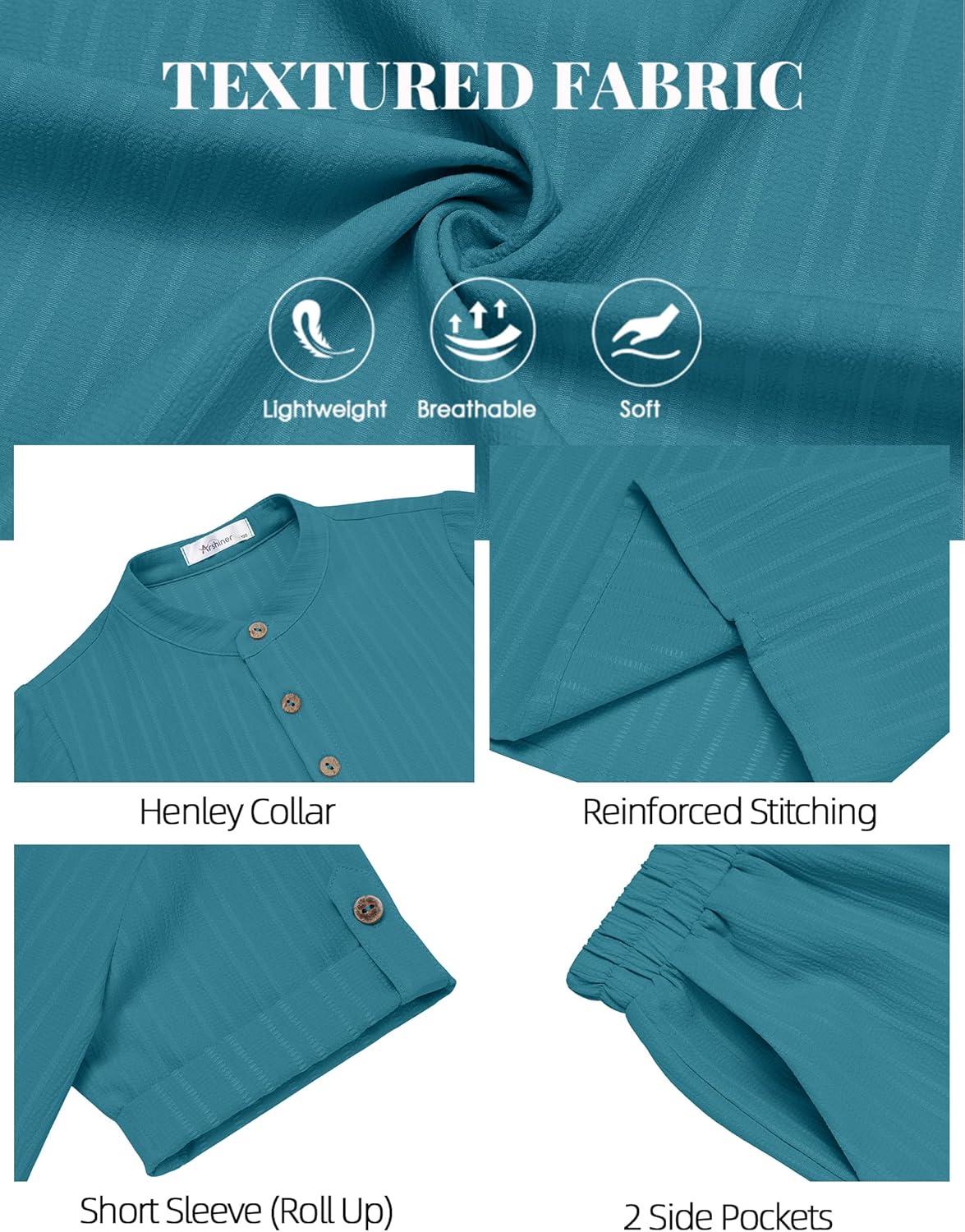 image:imageArshiner Boys 2 Piece Summer Beach Outfits Textured Henley Shirts and Shorts Set Casual Vacation Clothes for 412 Years KidsBlue Green