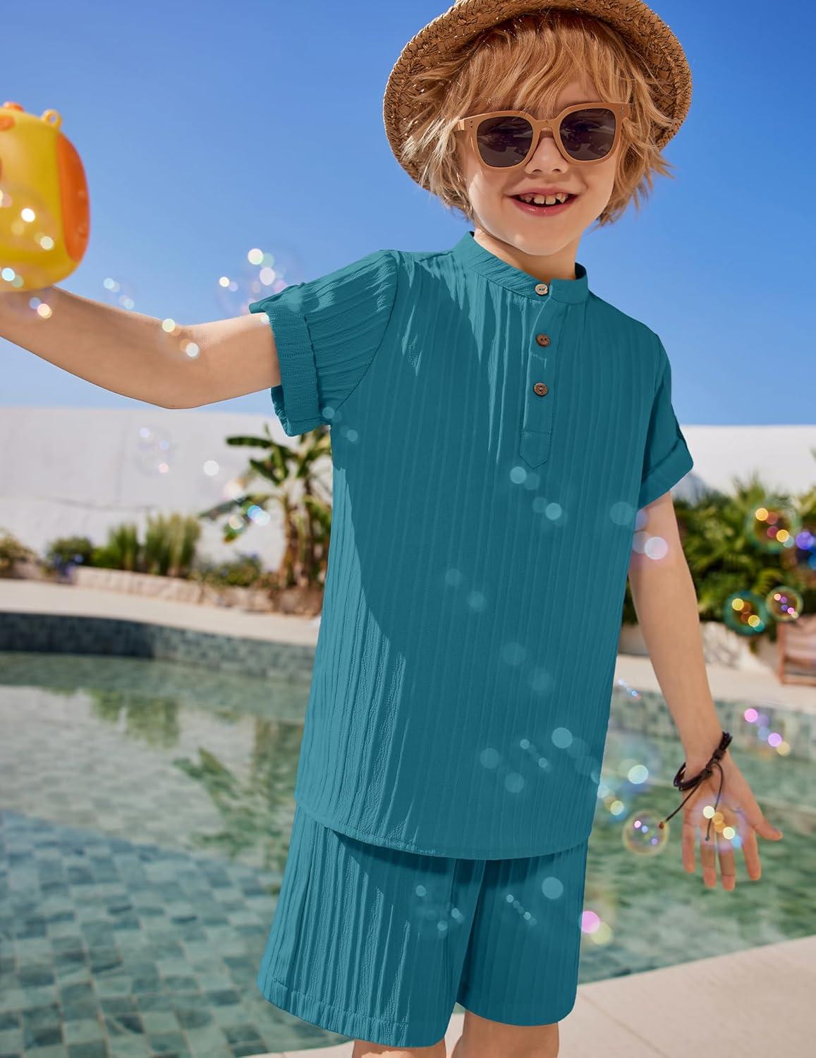 image:imageArshiner Boys 2 Piece Summer Beach Outfits Textured Henley Shirts and Shorts Set Casual Vacation Clothes for 412 Years KidsBlue Green