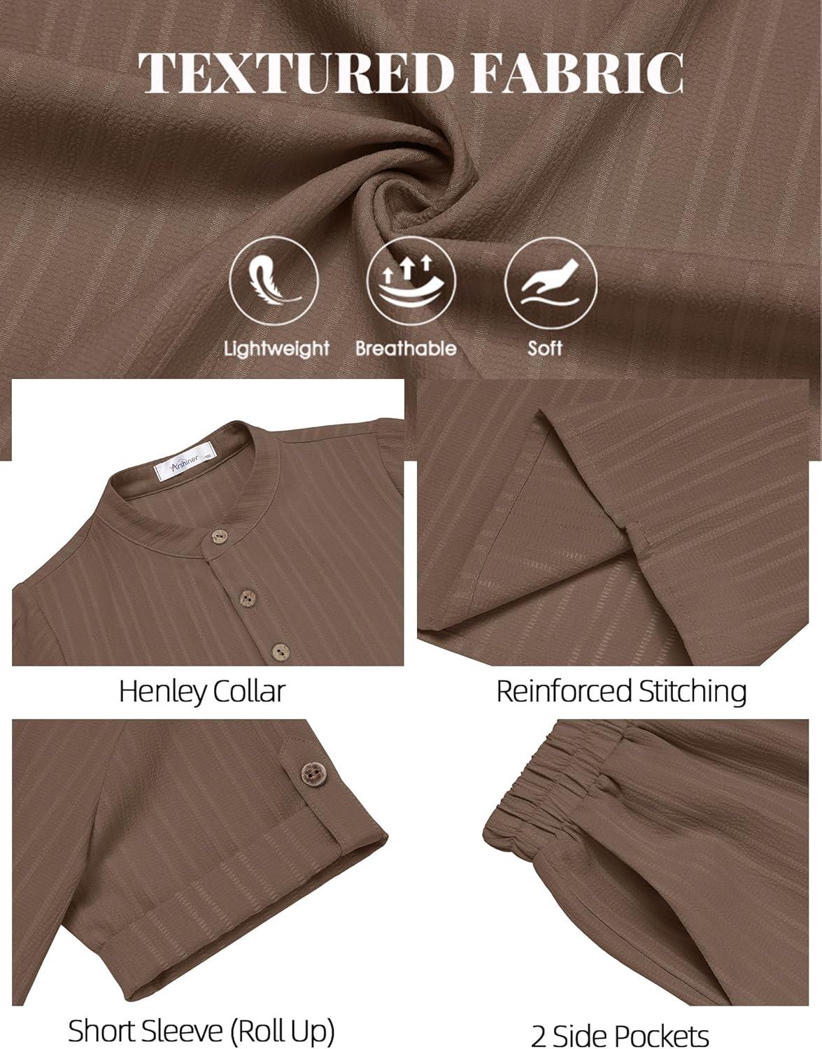 image:imageArshiner Boys 2 Piece Summer Beach Outfits Textured Henley Shirts and Shorts Set Casual Vacation Clothes for 412 Years KidsBrown