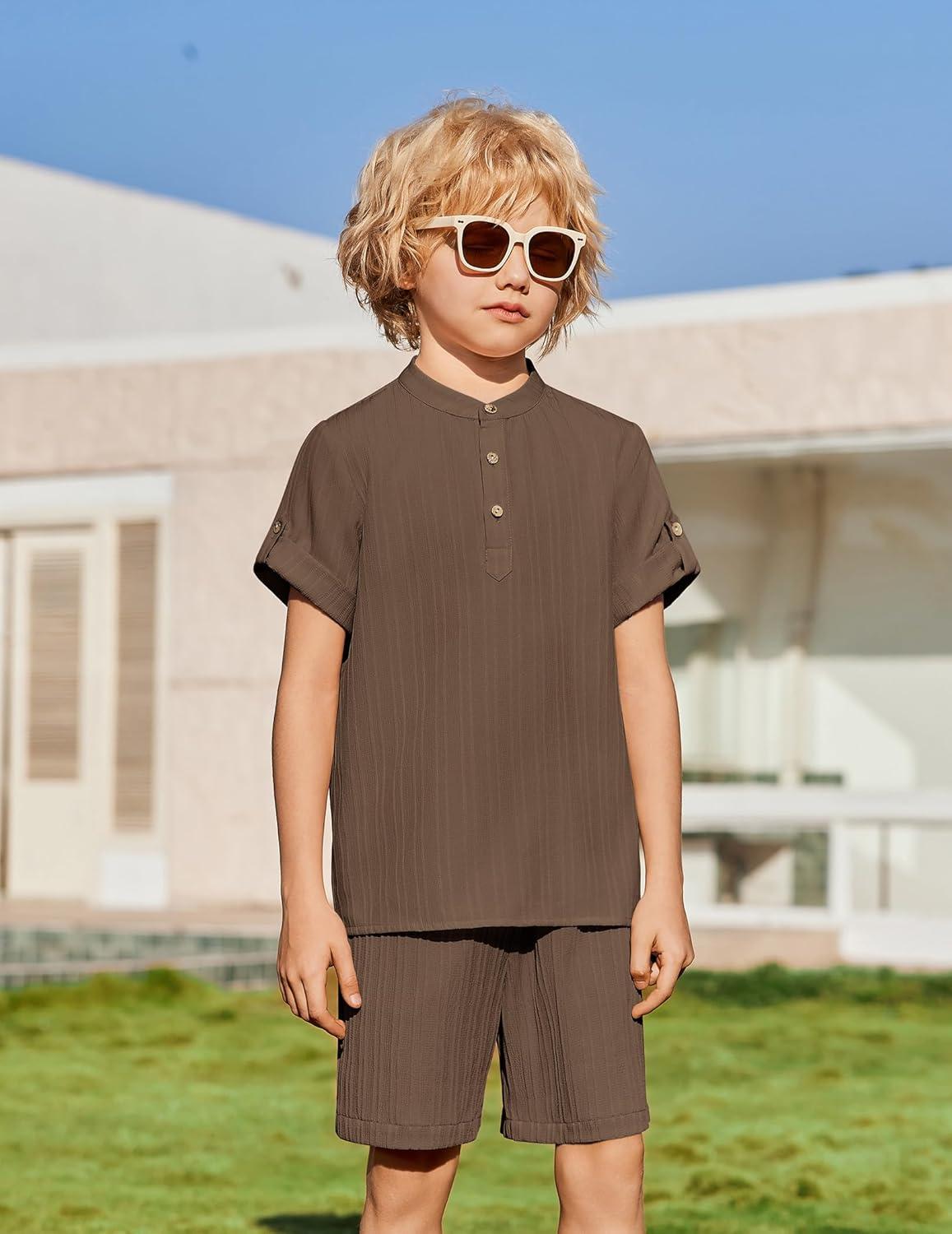 image:imageArshiner Boys 2 Piece Summer Beach Outfits Textured Henley Shirts and Shorts Set Casual Vacation Clothes for 412 Years KidsBrown