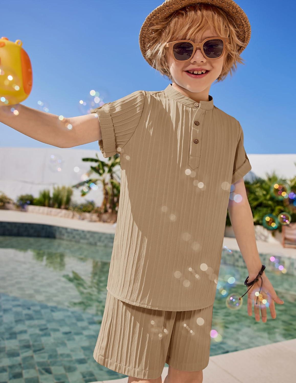 image:imageArshiner Boys 2 Piece Summer Beach Outfits Textured Henley Shirts and Shorts Set Casual Vacation Clothes for 412 Years KidsKhaki