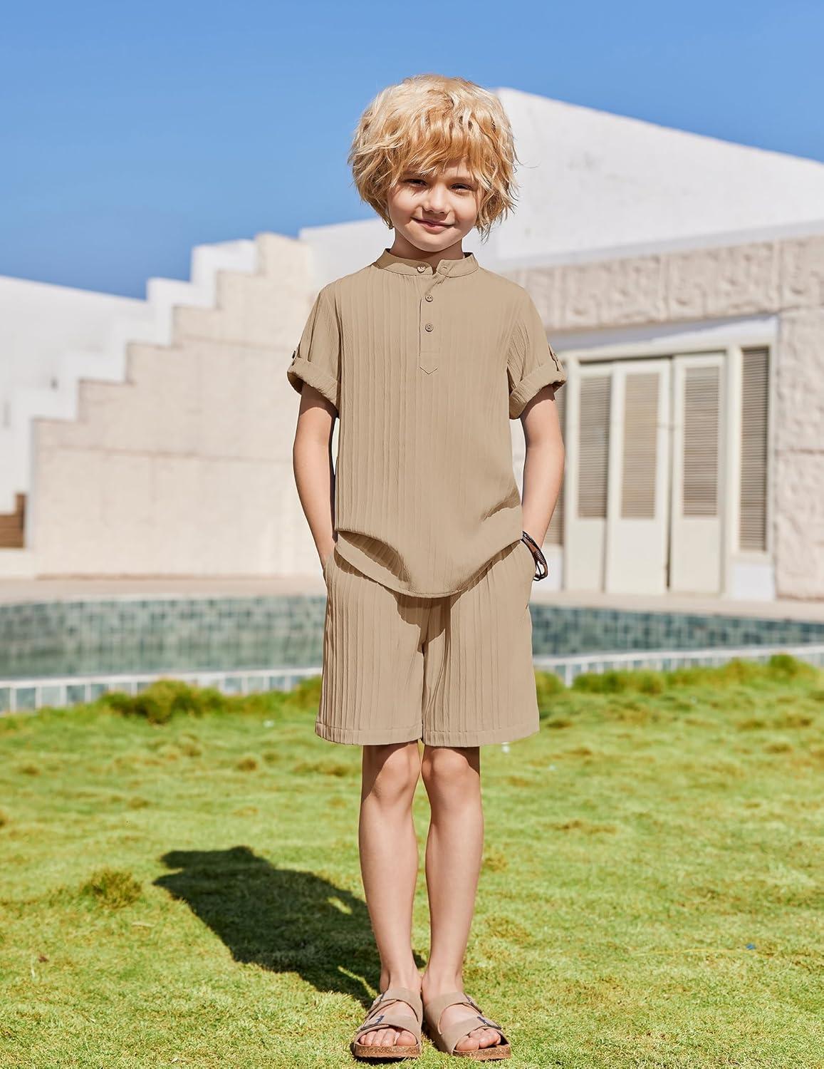 image:imageArshiner Boys 2 Piece Summer Beach Outfits Textured Henley Shirts and Shorts Set Casual Vacation Clothes for 412 Years KidsKhaki