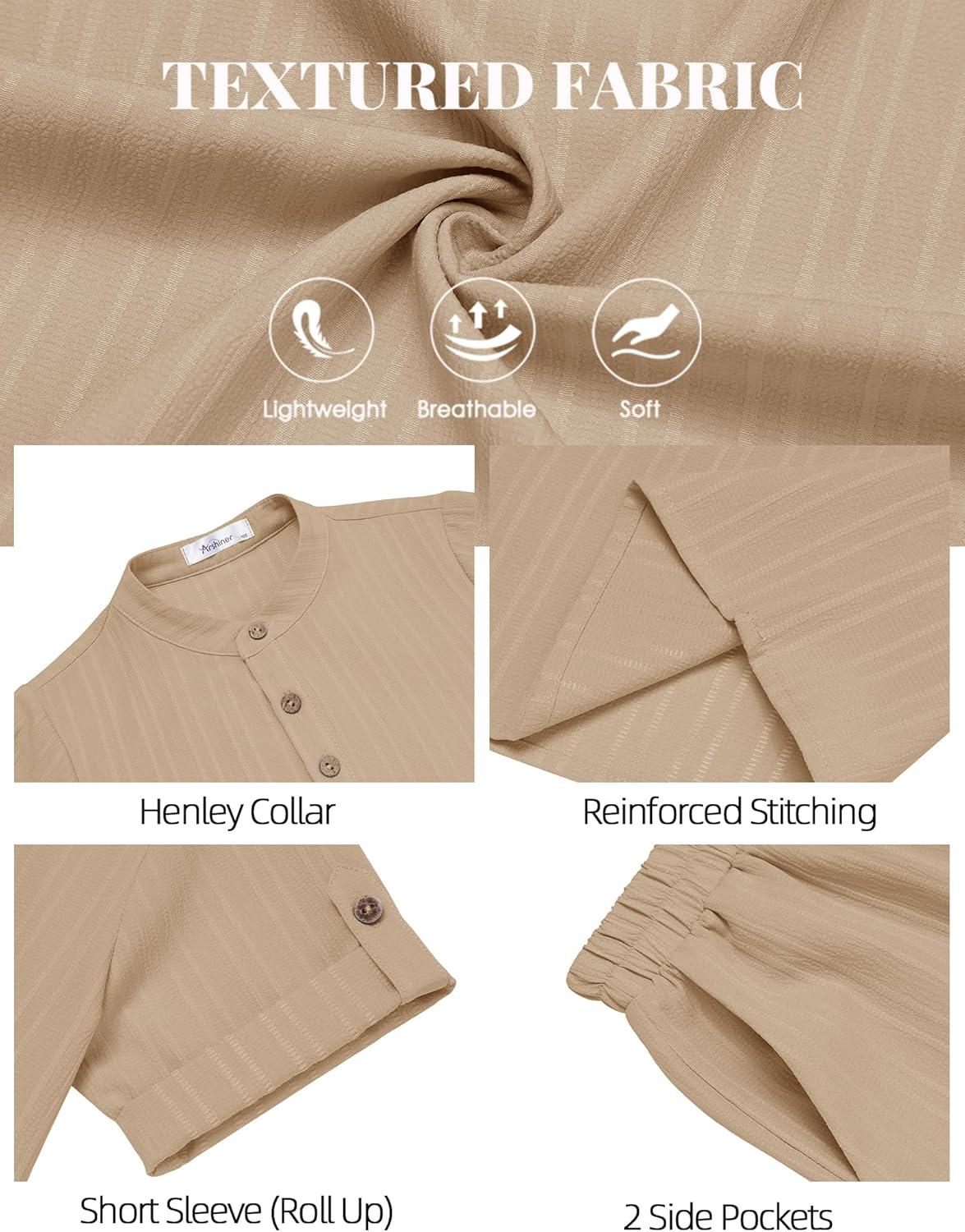 image:imageArshiner Boys 2 Piece Summer Beach Outfits Textured Henley Shirts and Shorts Set Casual Vacation Clothes for 412 Years KidsKhaki