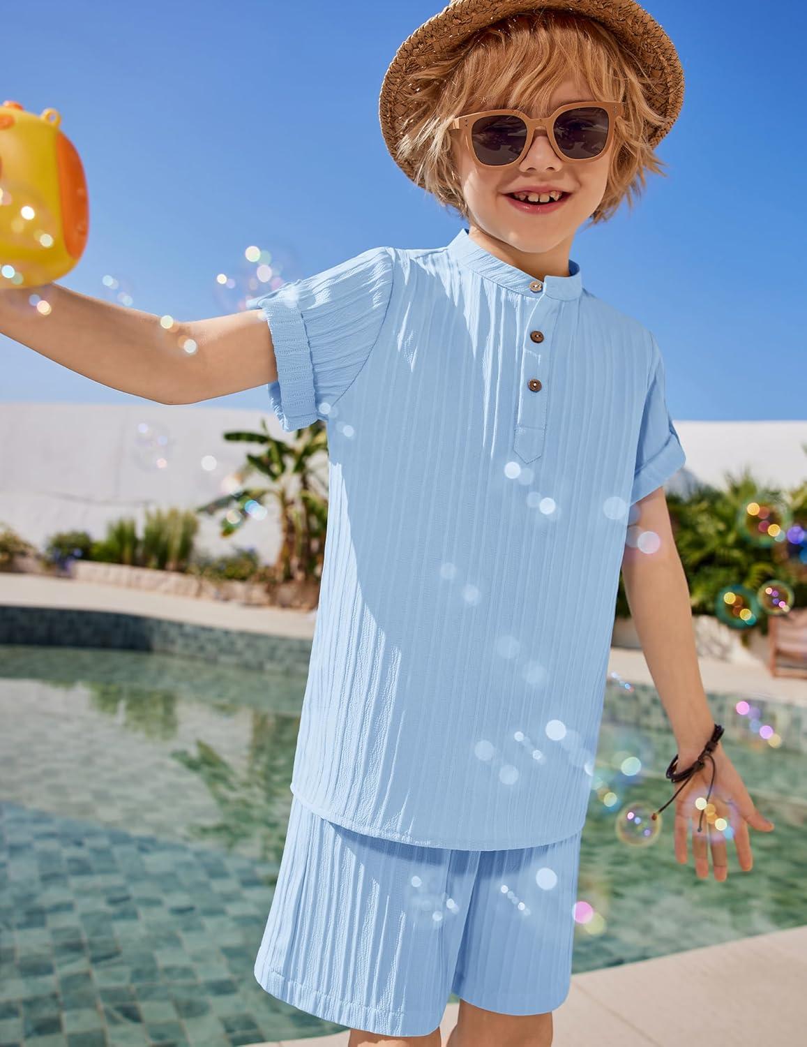 image:imageArshiner Boys 2 Piece Summer Beach Outfits Textured Henley Shirts and Shorts Set Casual Vacation Clothes for 412 Years KidsLight Blue