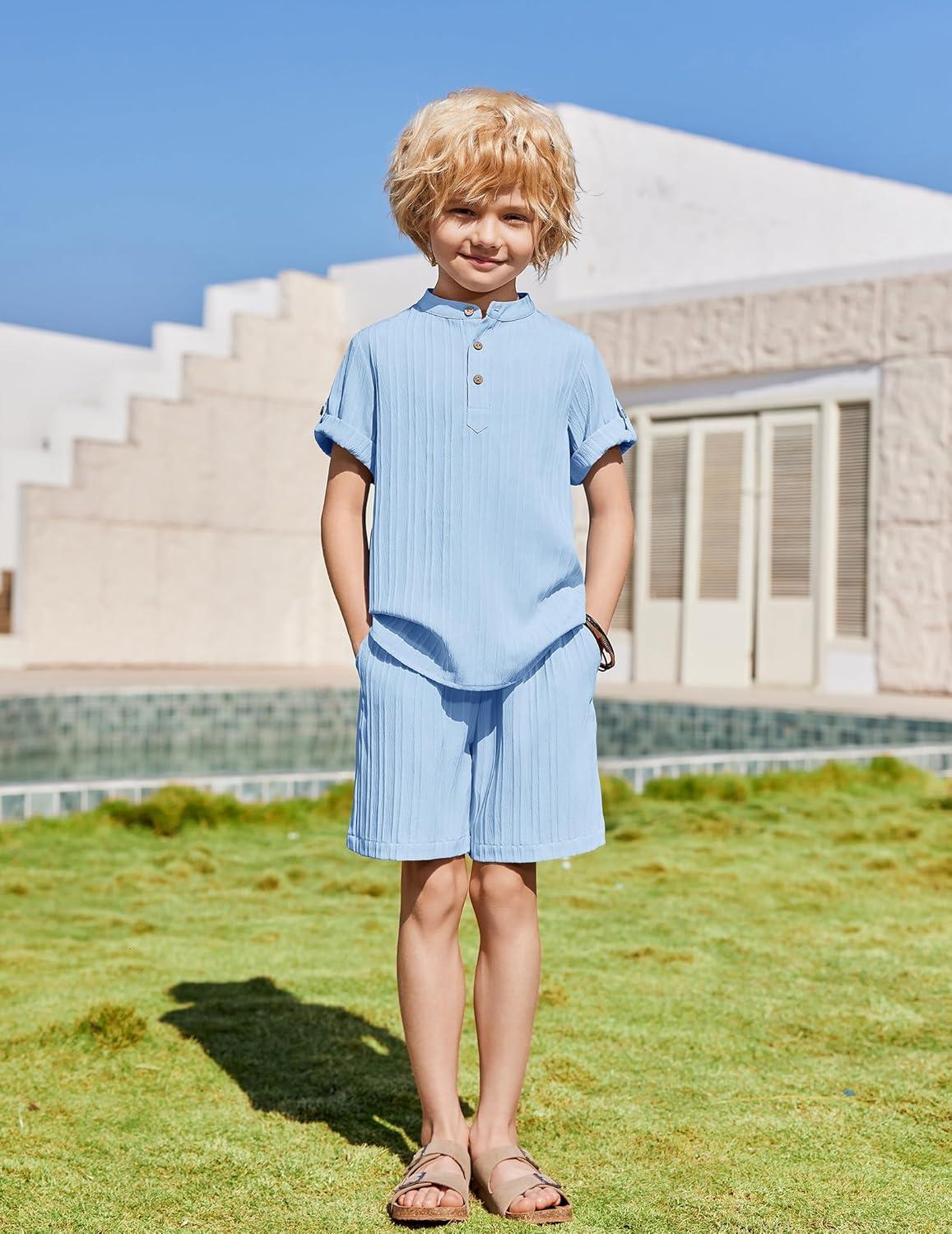 image:imageArshiner Boys 2 Piece Summer Beach Outfits Textured Henley Shirts and Shorts Set Casual Vacation Clothes for 412 Years KidsLight Blue