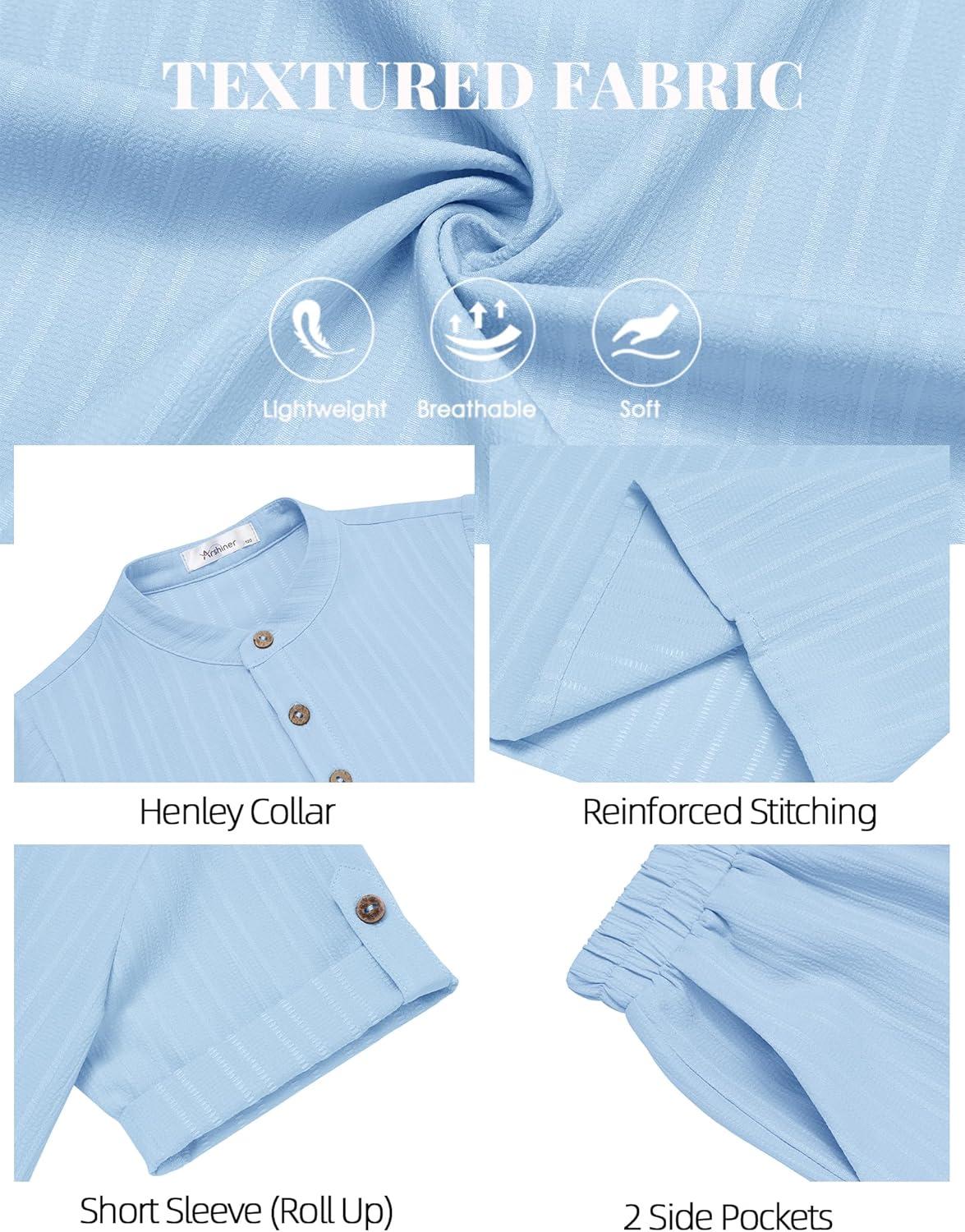 image:imageArshiner Boys 2 Piece Summer Beach Outfits Textured Henley Shirts and Shorts Set Casual Vacation Clothes for 412 Years KidsLight Blue